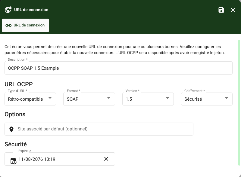 Création d'un jeton de connexion OCPP SOAP 1.5