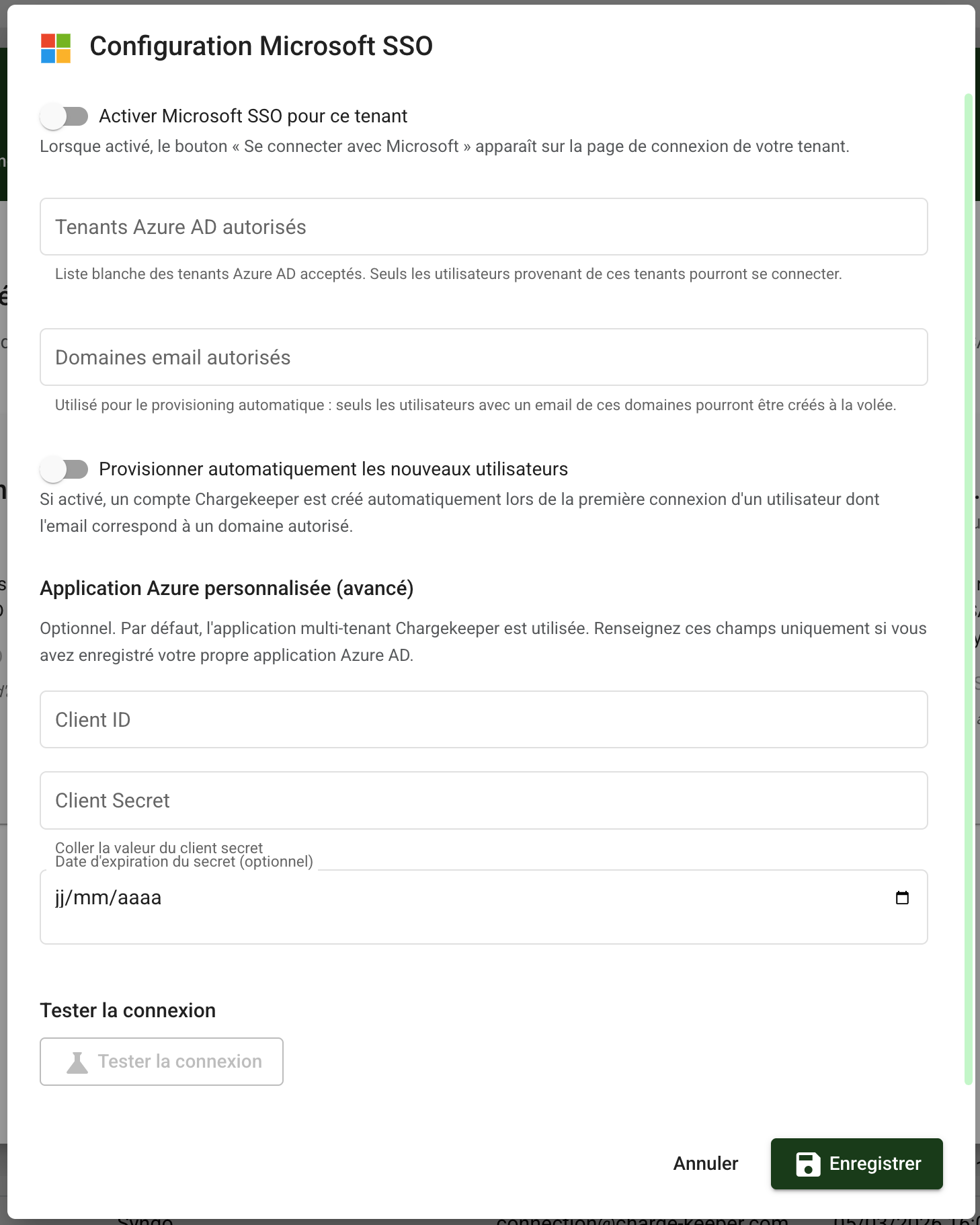The "Microsoft SSO configuration" window of the Chargekeeper supervision